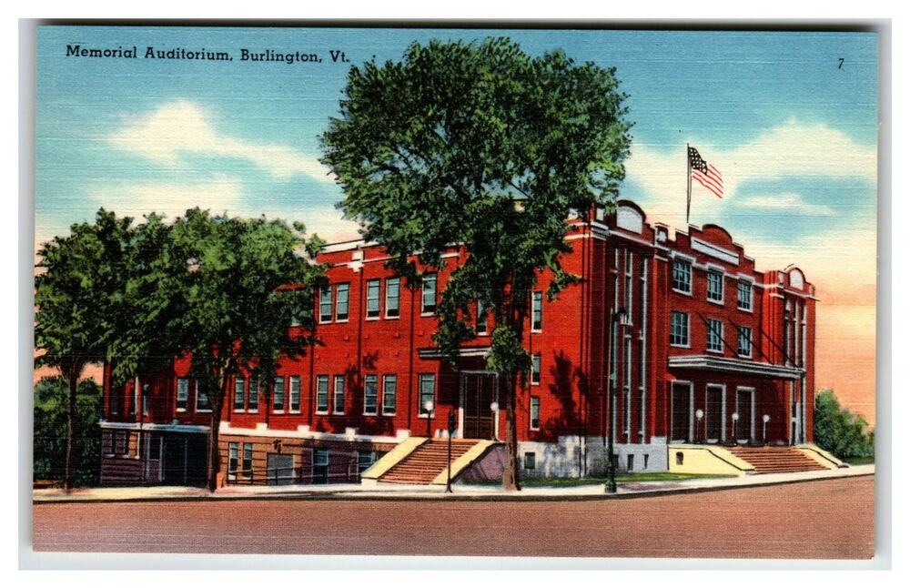 Burlington VT Memorial Auditorium Tichnor Linen Postcard Vintage